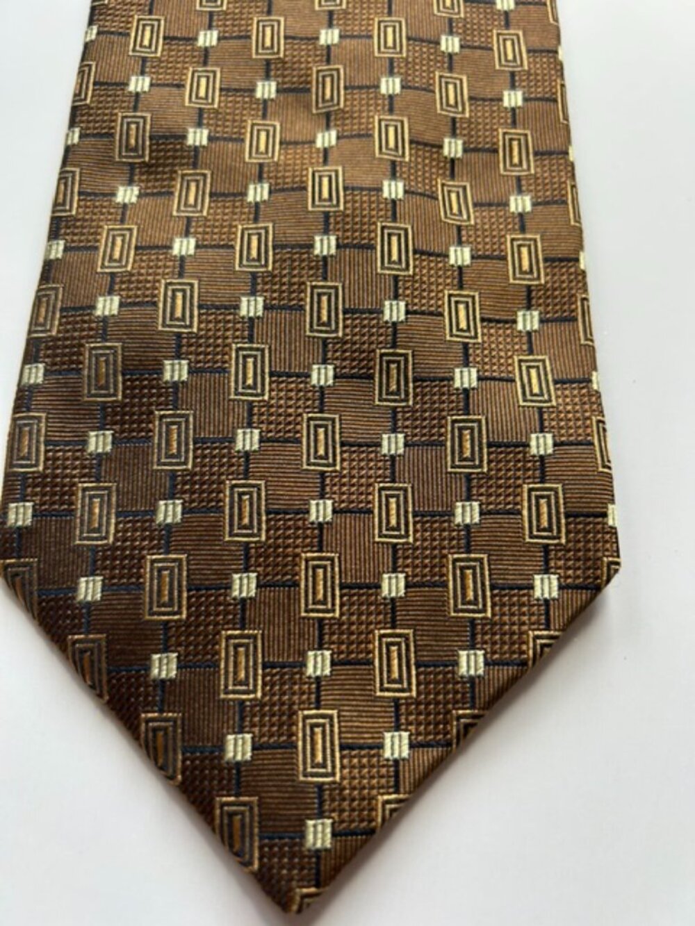 Alfred Sung Chiarini Silk Tie Brown Gold Geometric Squares